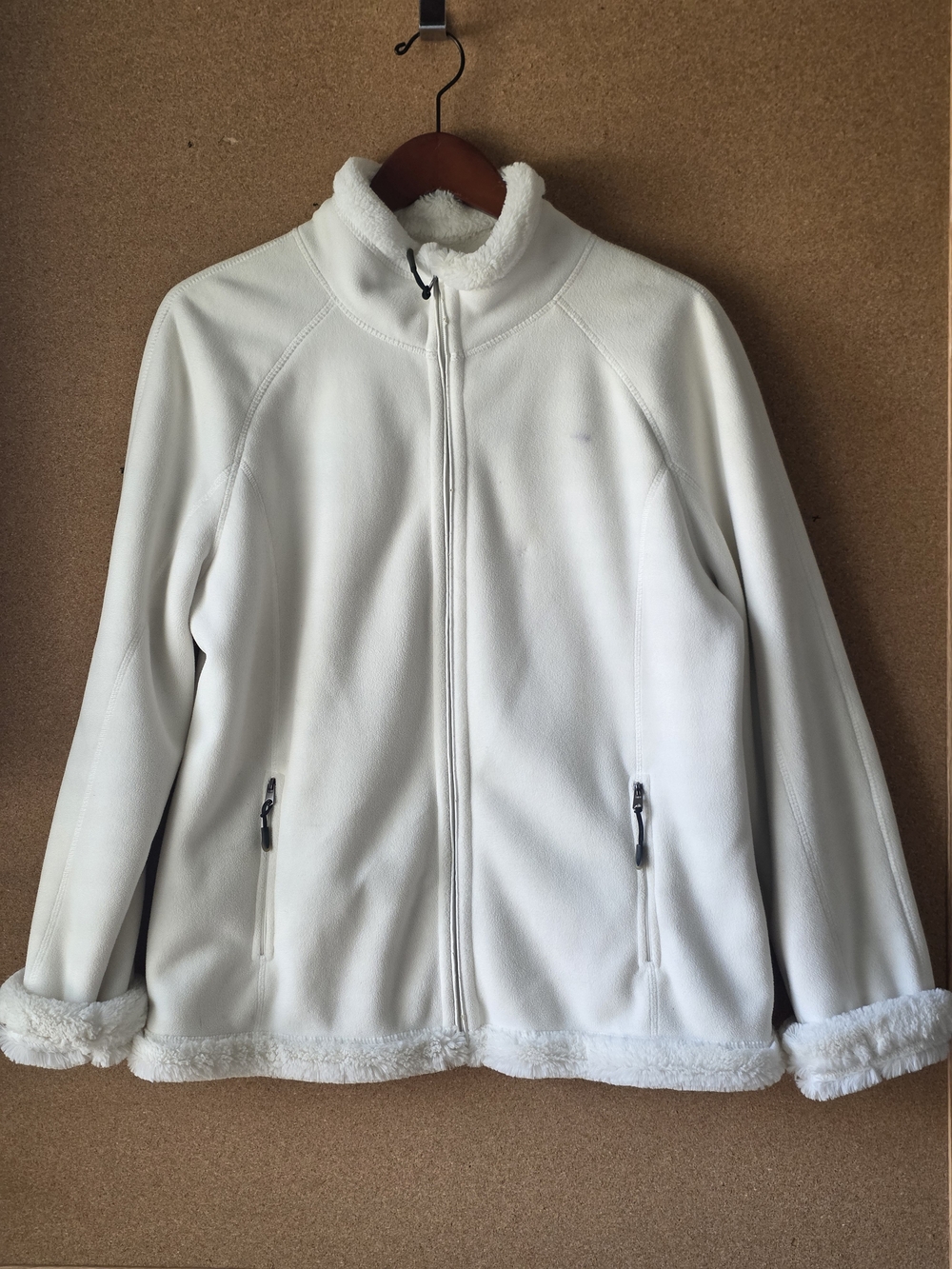 Green Tea Winter White Fleece Full Zip Jacket Faux Fur Trim Trim Cozy XL